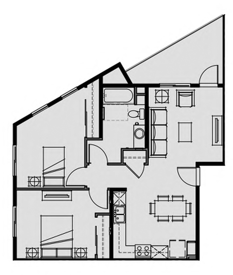Floor plan for 2 beds, 1 bath, 865 sqft